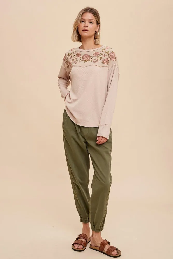 Almond Thermal Embroidered Yoke Top