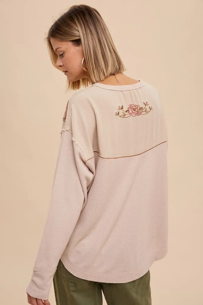 Almond Thermal Embroidered Yoke Top