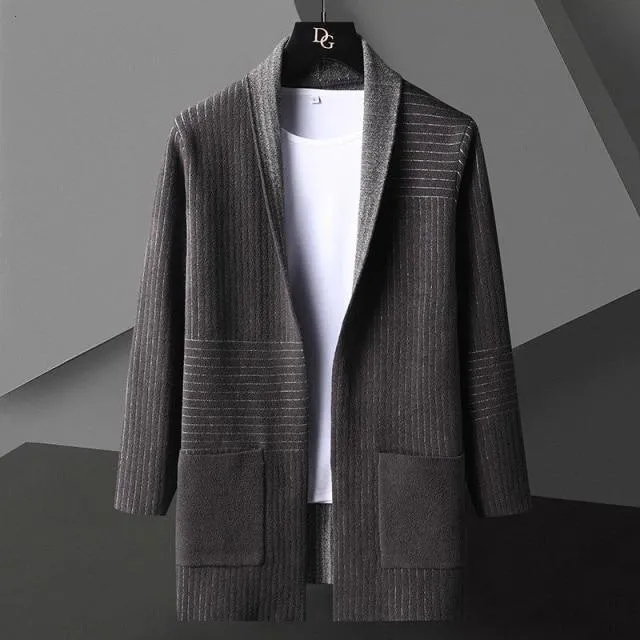 Autumn Casual Fashion Men's Striped O-Neck Knitted Long Cardigan Jacket