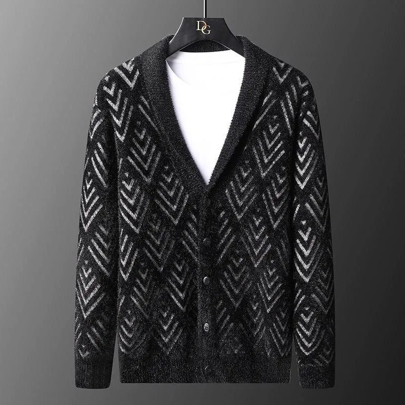 Autumn Casual Men's Diamond Striped Knitted Button-up Cardigan Sweater