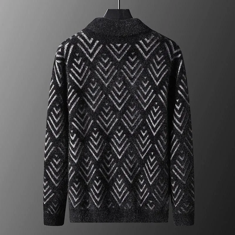 Autumn Casual Men's Diamond Striped Knitted Button-up Cardigan Sweater