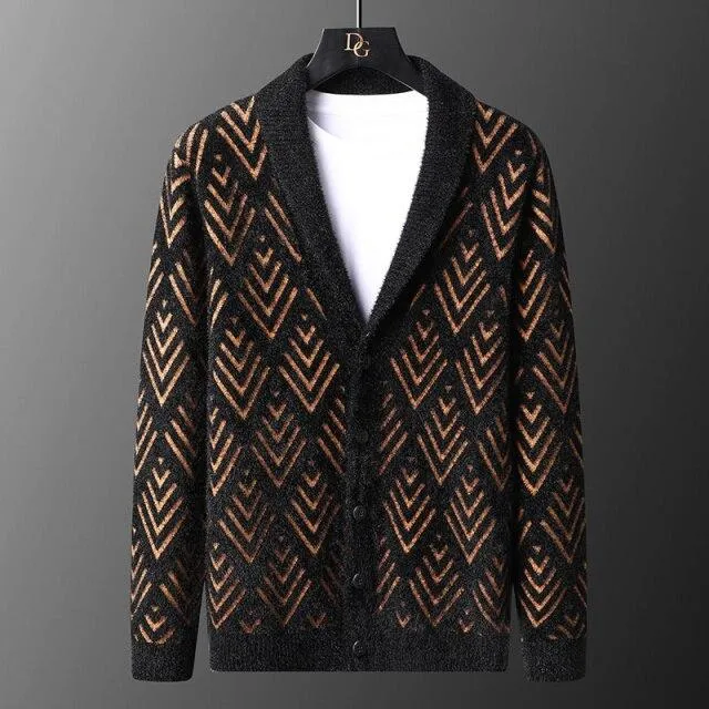 Autumn Casual Men's Diamond Striped Knitted Button-up Cardigan Sweater