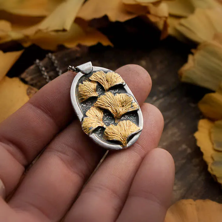 Autumn Creek X- Sterling Silver, Gold and Resin Ginkgo Leaf Necklace