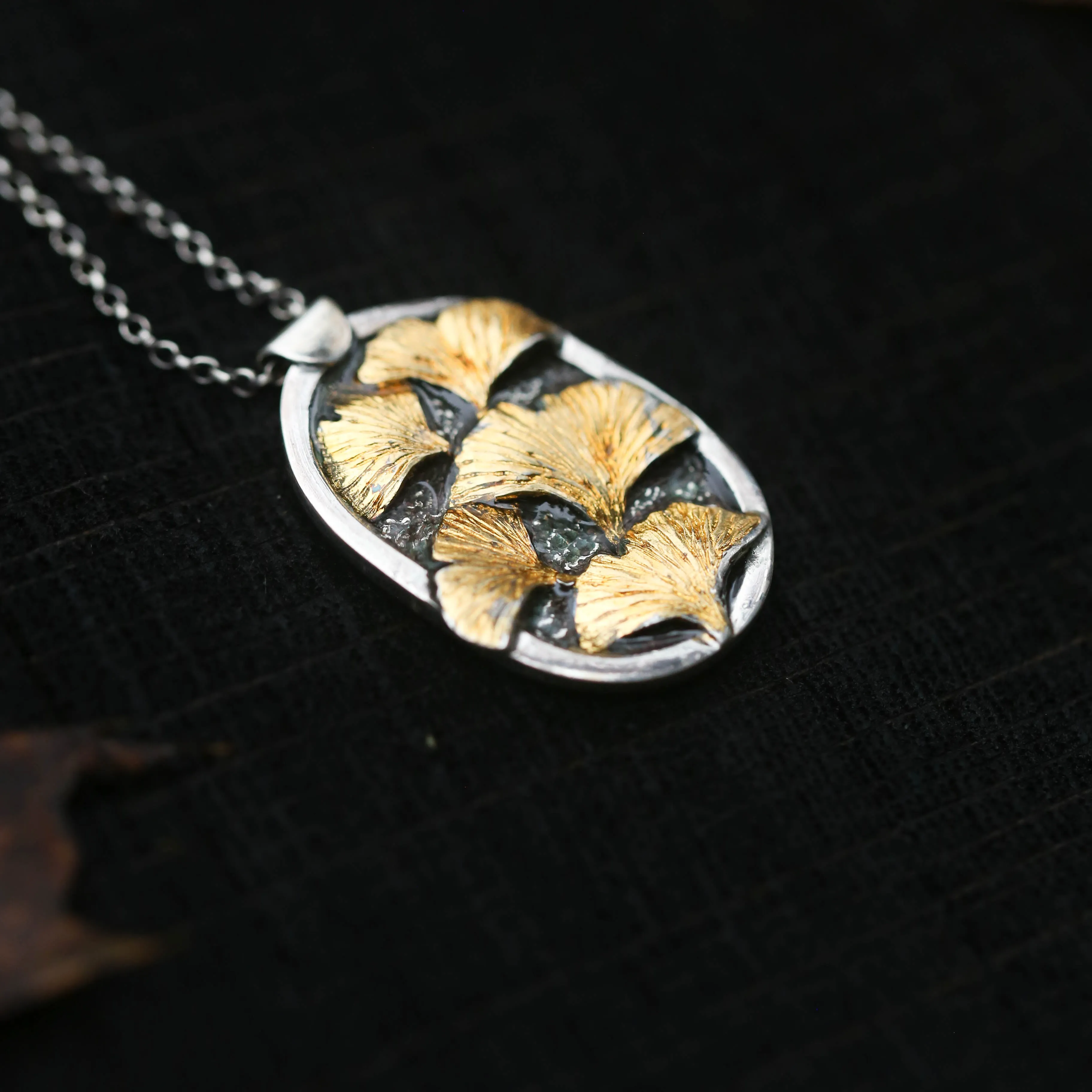 Autumn Creek X- Sterling Silver, Gold and Resin Ginkgo Leaf Necklace