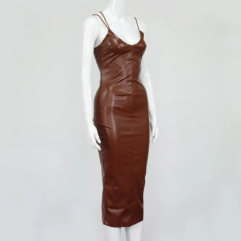 Autumn Sexy Women's Synthetic Leather Sleeveless Backless Bodycon Dress