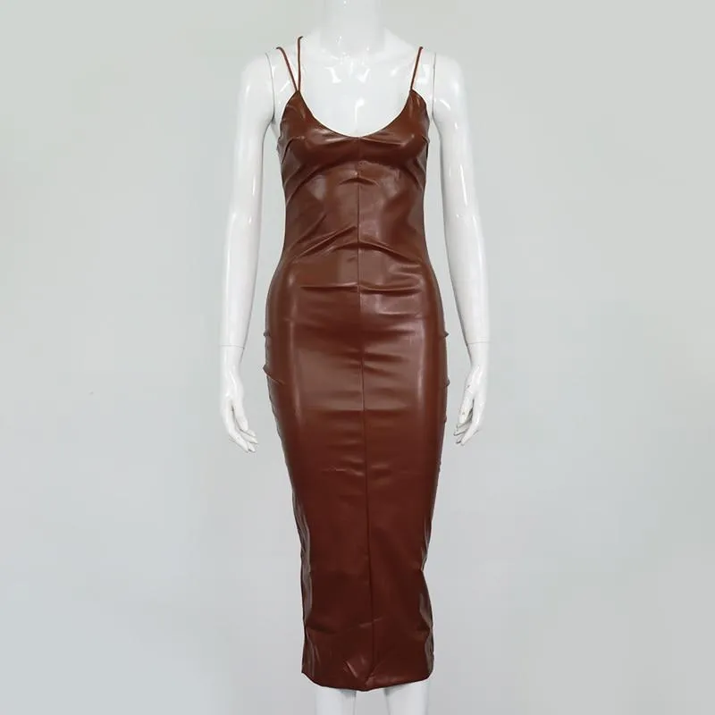 Autumn Sexy Women's Synthetic Leather Sleeveless Backless Bodycon Dress