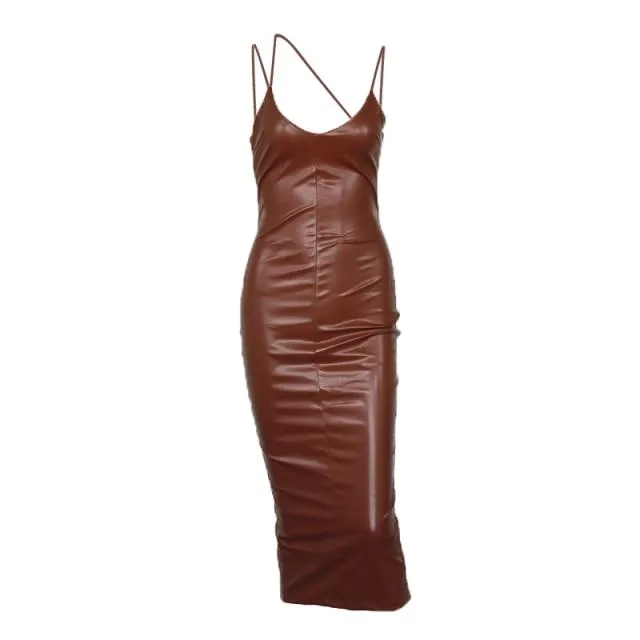 Autumn Sexy Women's Synthetic Leather Sleeveless Backless Bodycon Dress