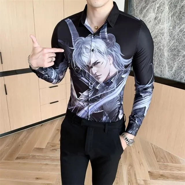 Autumn Winter Men's Casual Fashion Long Sleeve Cartoon Print Slim Shirts