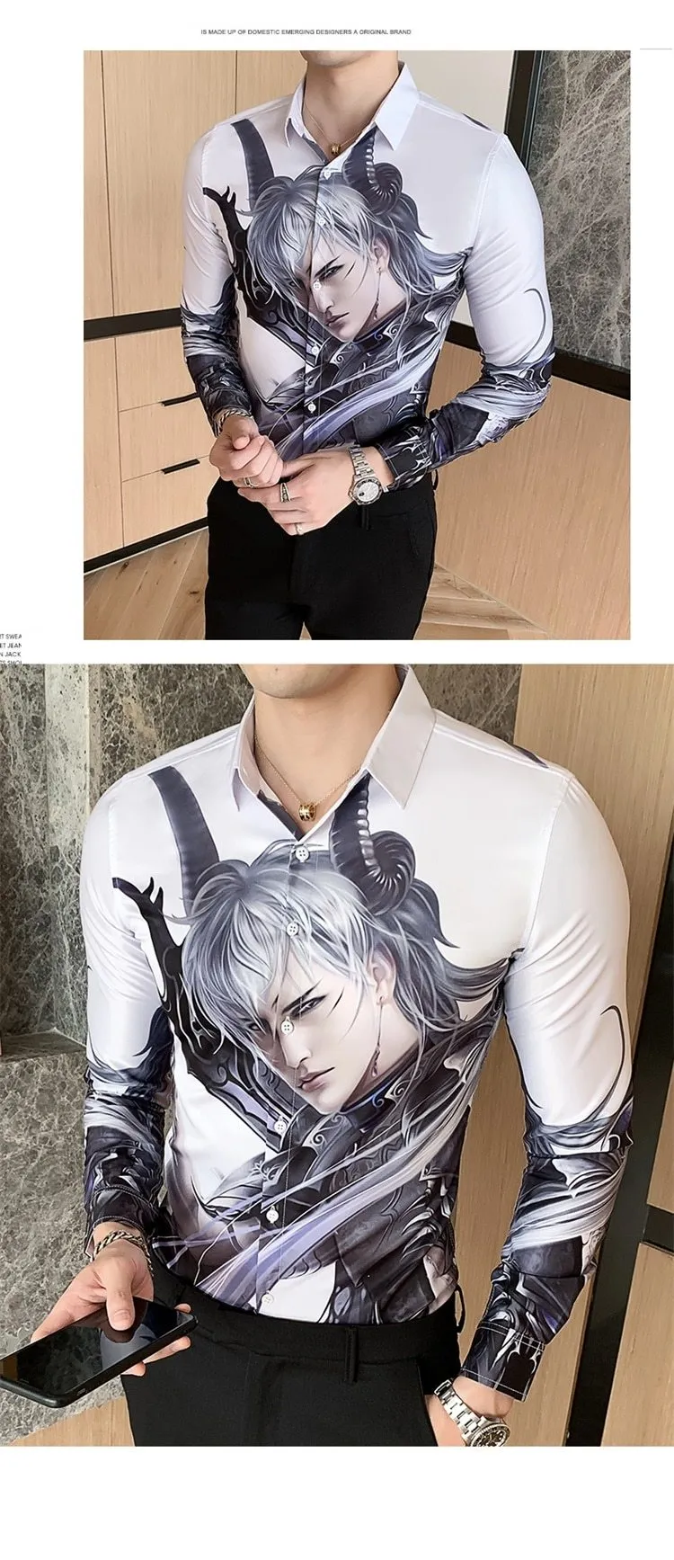 Autumn Winter Men's Casual Fashion Long Sleeve Cartoon Print Slim Shirts