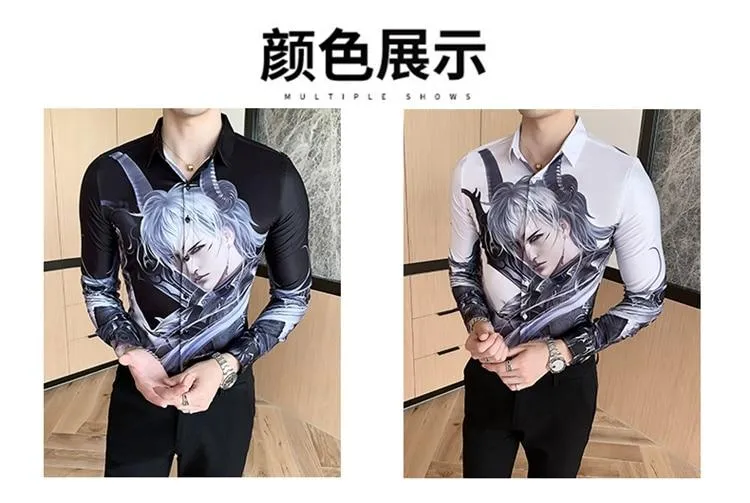 Autumn Winter Men's Casual Fashion Long Sleeve Cartoon Print Slim Shirts