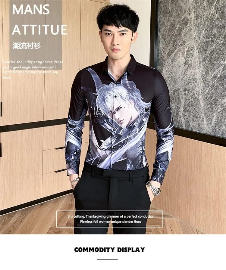 Autumn Winter Men's Casual Fashion Long Sleeve Cartoon Print Slim Shirts