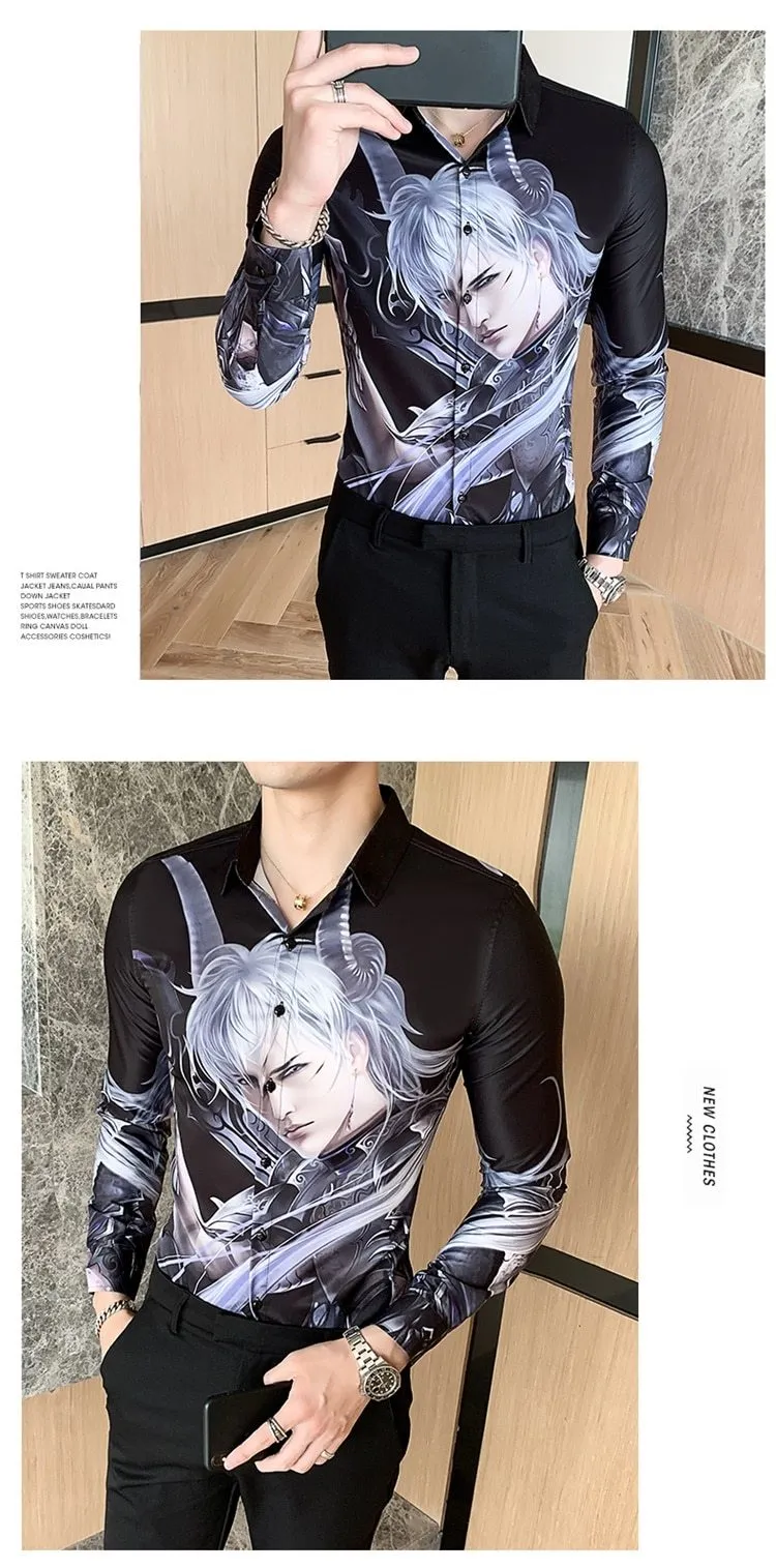 Autumn Winter Men's Casual Fashion Long Sleeve Cartoon Print Slim Shirts