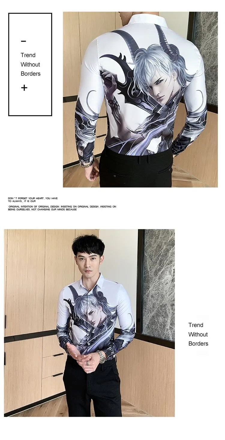 Autumn Winter Men's Casual Fashion Long Sleeve Cartoon Print Slim Shirts