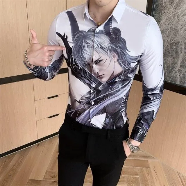 Autumn Winter Men's Casual Fashion Long Sleeve Cartoon Print Slim Shirts