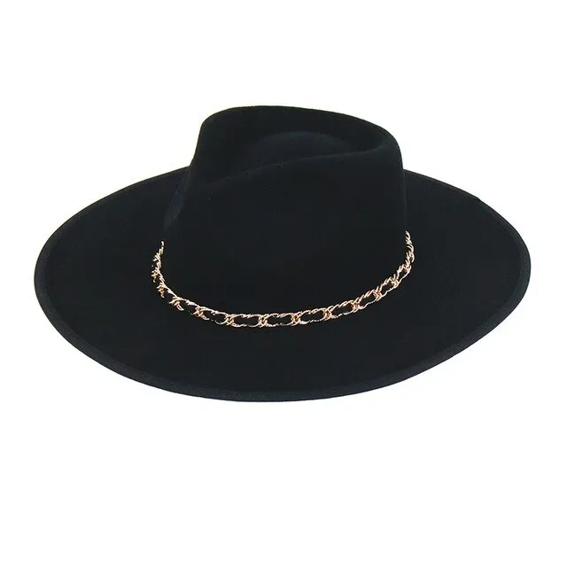 Autumn Winter Women's Metal Chain Wide Wedding Party Church Fedoras Hat