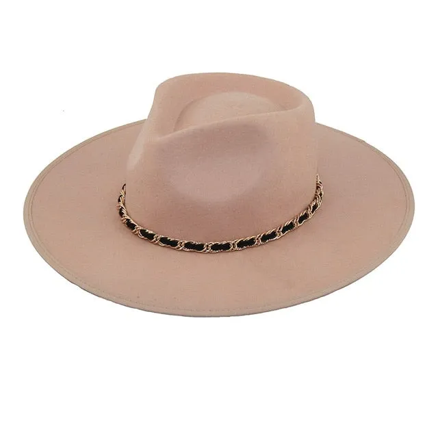 Autumn Winter Women's Metal Chain Wide Wedding Party Church Fedoras Hat