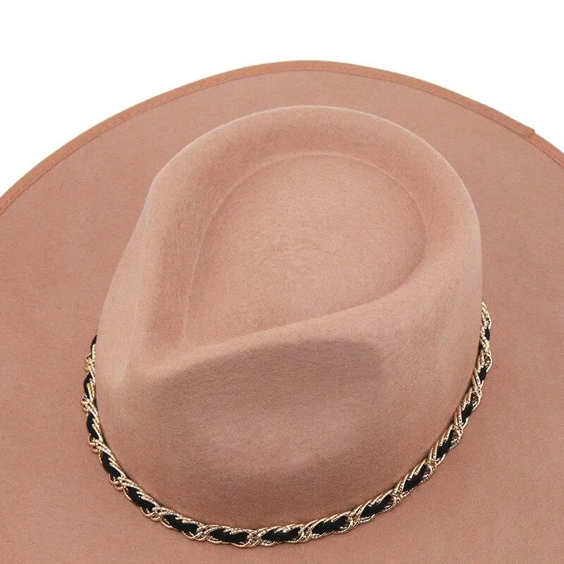 Autumn Winter Women's Metal Chain Wide Wedding Party Church Fedoras Hat