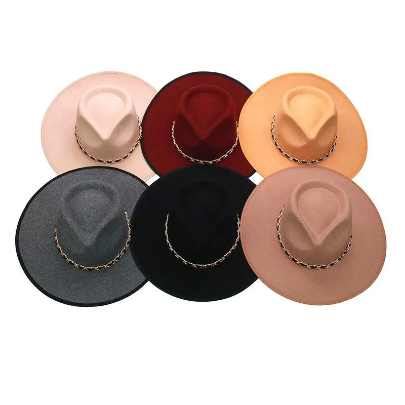 Autumn Winter Women's Metal Chain Wide Wedding Party Church Fedoras Hat