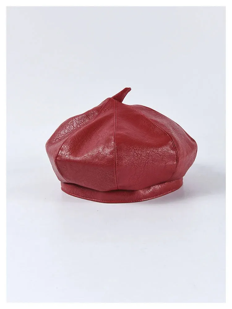 Autumn Winter Women's Synthetic Leather Solid Pattern Stewardess Beret Cap