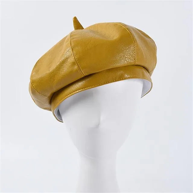 Autumn Winter Women's Synthetic Leather Solid Pattern Stewardess Beret Cap