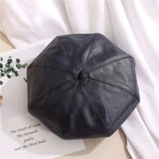 Autumn Winter Women's Synthetic Leather Solid Pattern Stewardess Beret Cap