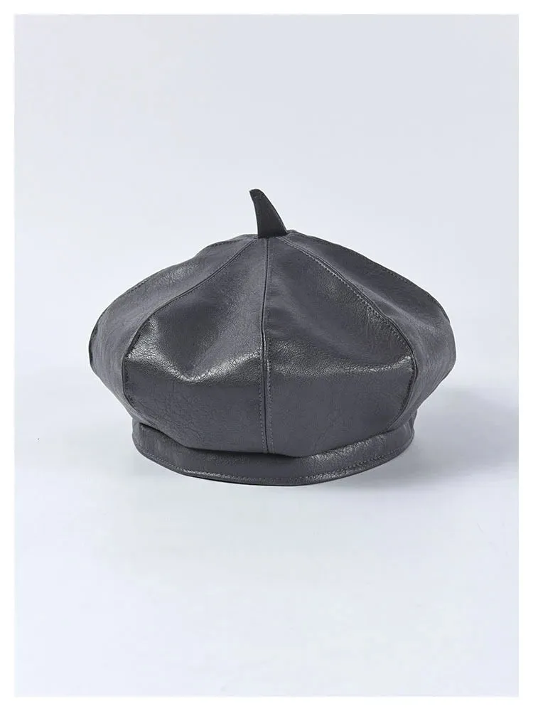 Autumn Winter Women's Synthetic Leather Solid Pattern Stewardess Beret Cap