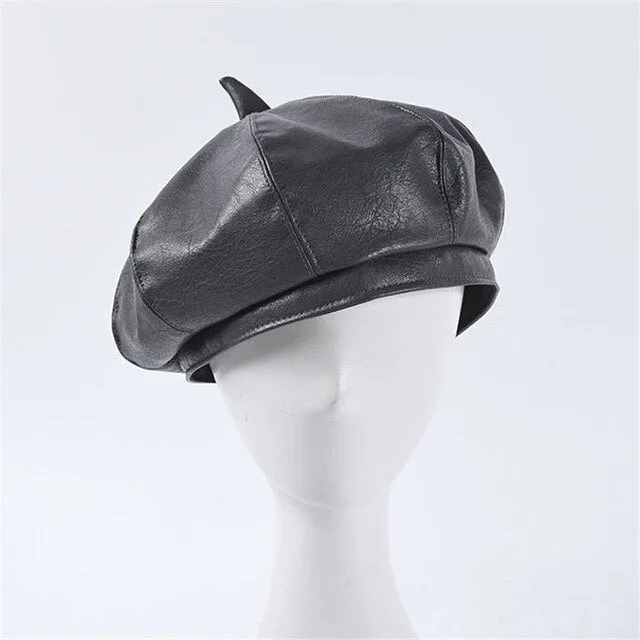 Autumn Winter Women's Synthetic Leather Solid Pattern Stewardess Beret Cap