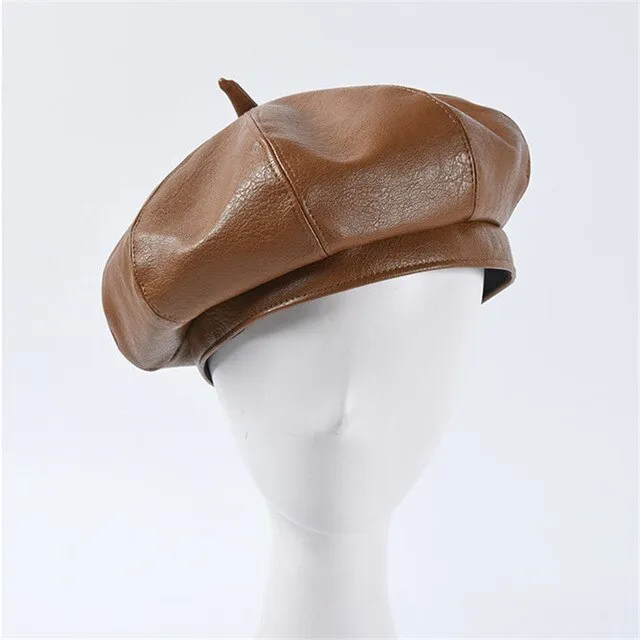 Autumn Winter Women's Synthetic Leather Solid Pattern Stewardess Beret Cap