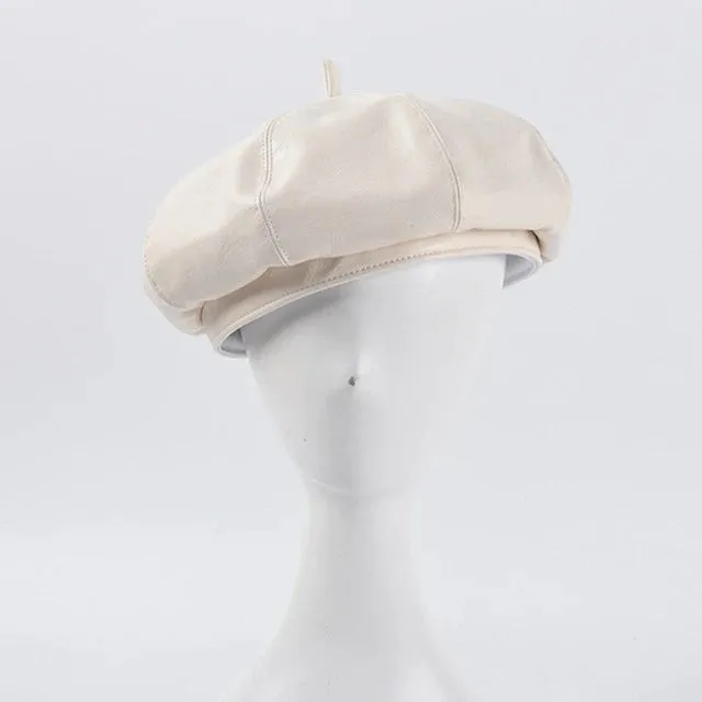 Autumn Winter Women's Synthetic Leather Solid Pattern Stewardess Beret Cap