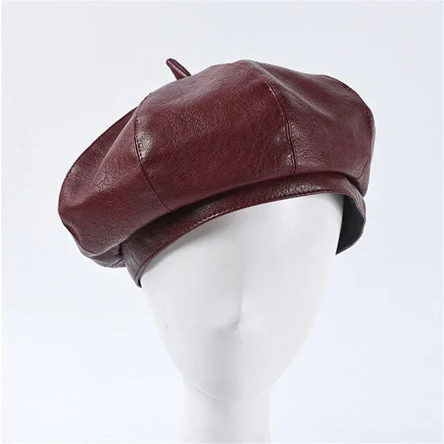 Autumn Winter Women's Synthetic Leather Solid Pattern Stewardess Beret Cap