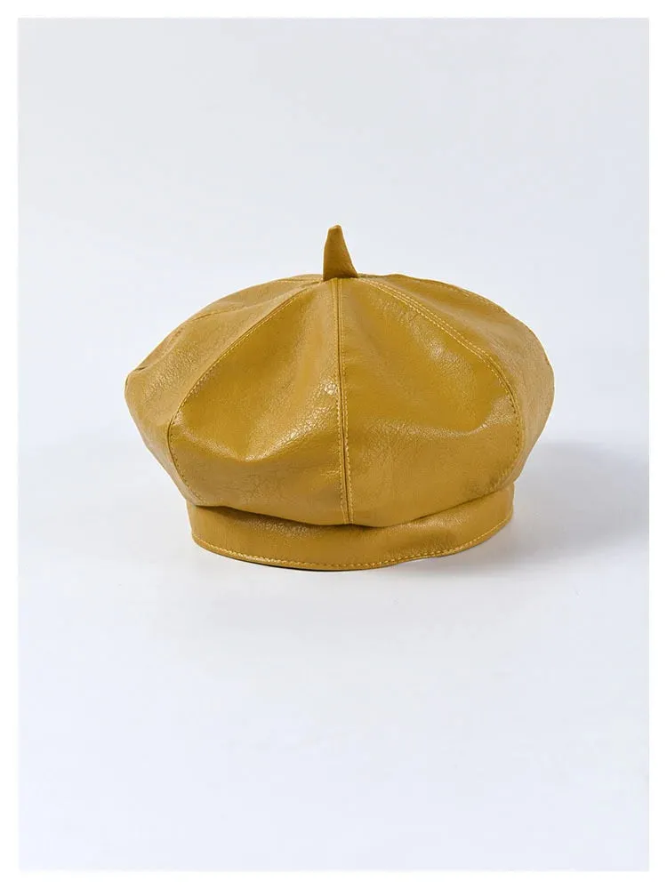 Autumn Winter Women's Synthetic Leather Solid Pattern Stewardess Beret Cap