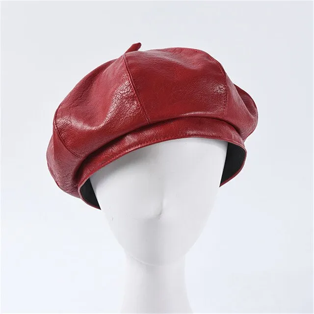 Autumn Winter Women's Synthetic Leather Solid Pattern Stewardess Beret Cap