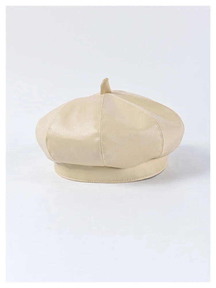 Autumn Winter Women's Synthetic Leather Solid Pattern Stewardess Beret Cap