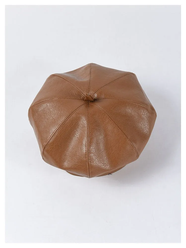 Autumn Winter Women's Synthetic Leather Solid Pattern Stewardess Beret Cap