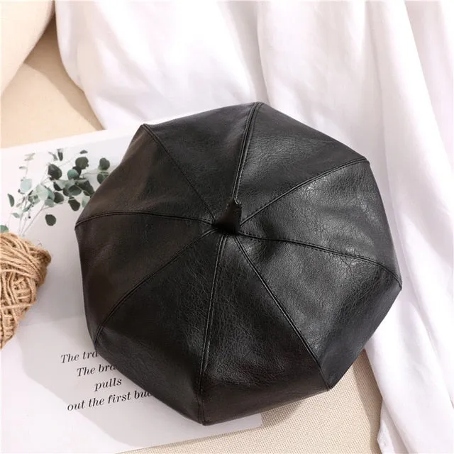 Autumn Winter Women's Synthetic Leather Solid Pattern Stewardess Beret Cap