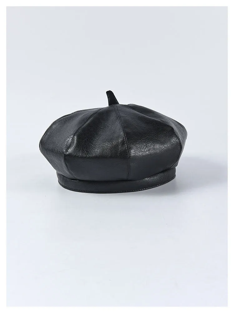 Autumn Winter Women's Synthetic Leather Solid Pattern Stewardess Beret Cap