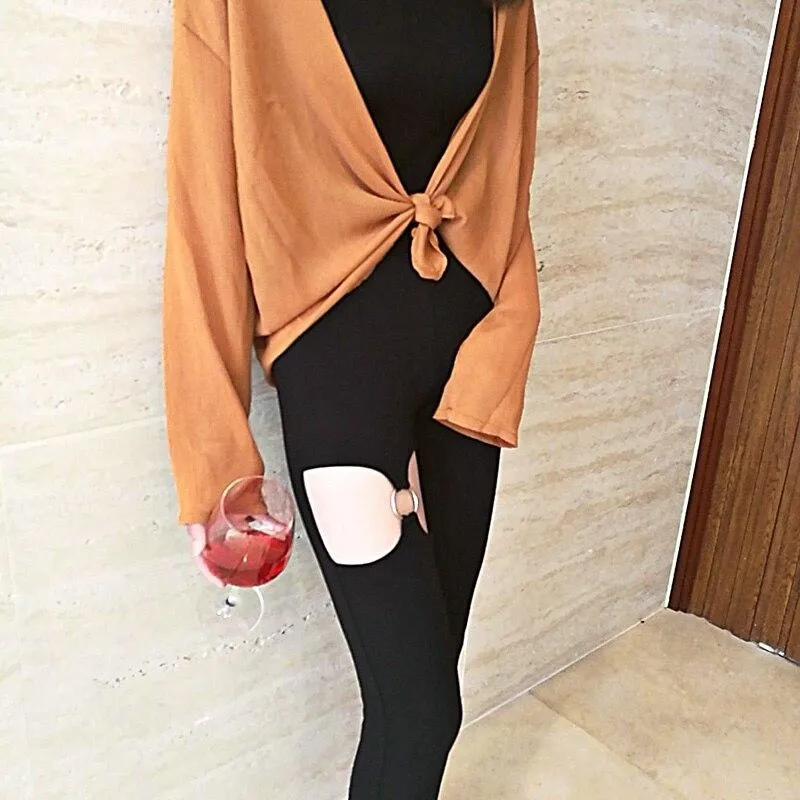 Autumn Women's Black Hole Elastic High Waist Zipper Pencil Pants