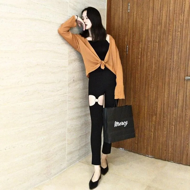 Autumn Women's Black Hole Elastic High Waist Zipper Pencil Pants