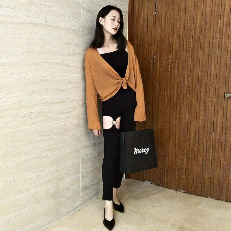 Autumn Women's Black Hole Elastic High Waist Zipper Pencil Pants