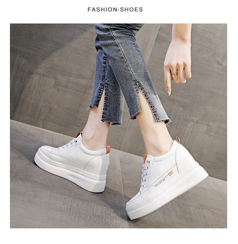 Autumn Women's Genuine Leather Height Increased 8.5cm Wedge Sneakers