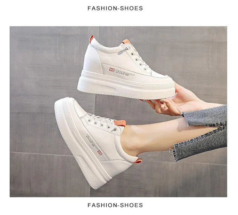 Autumn Women's Genuine Leather Height Increased 8.5cm Wedge Sneakers