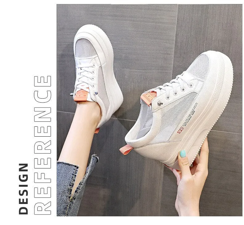 Autumn Women's Genuine Leather Height Increased 8.5cm Wedge Sneakers