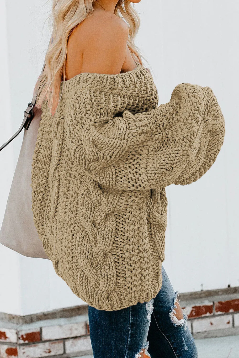 Beige Braided Knit Long Sleeve Winter Sweater