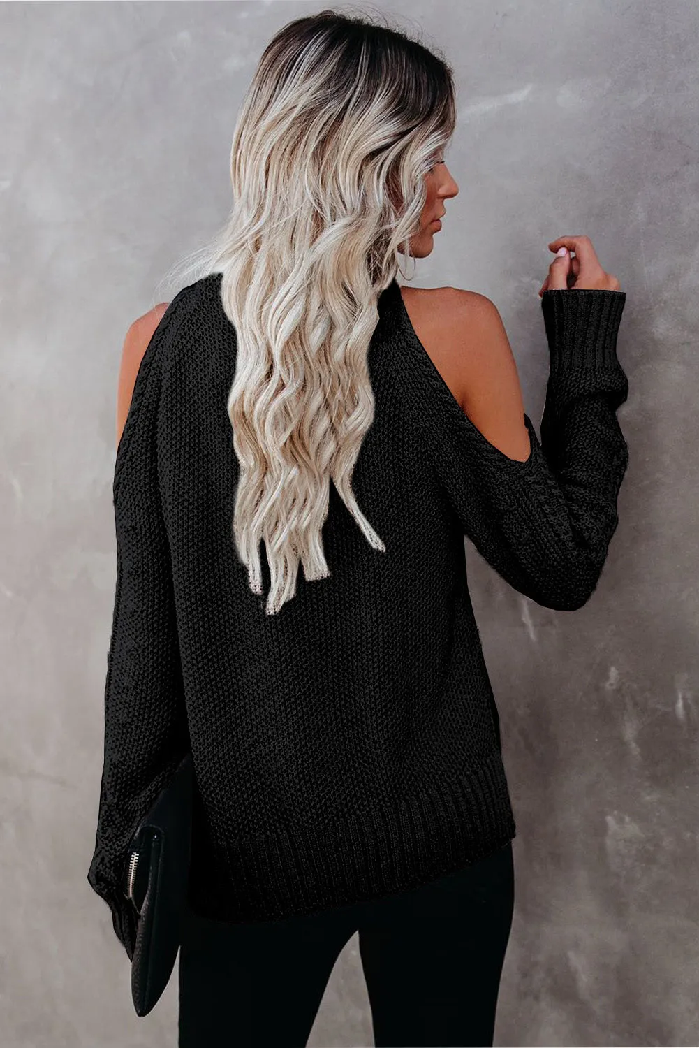 Black Cold Shoulder Knitted Winter Sweater