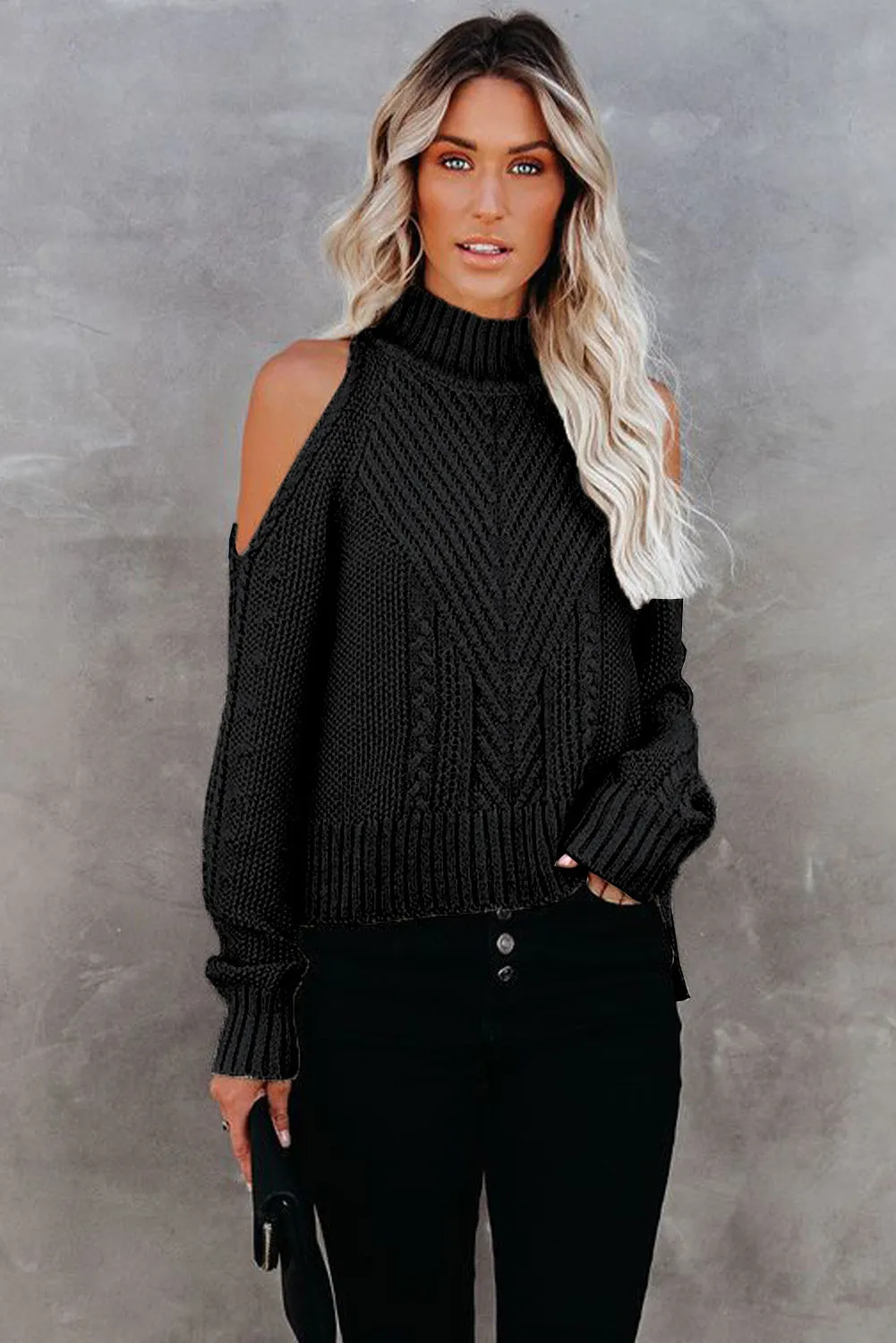 Black Cold Shoulder Knitted Winter Sweater