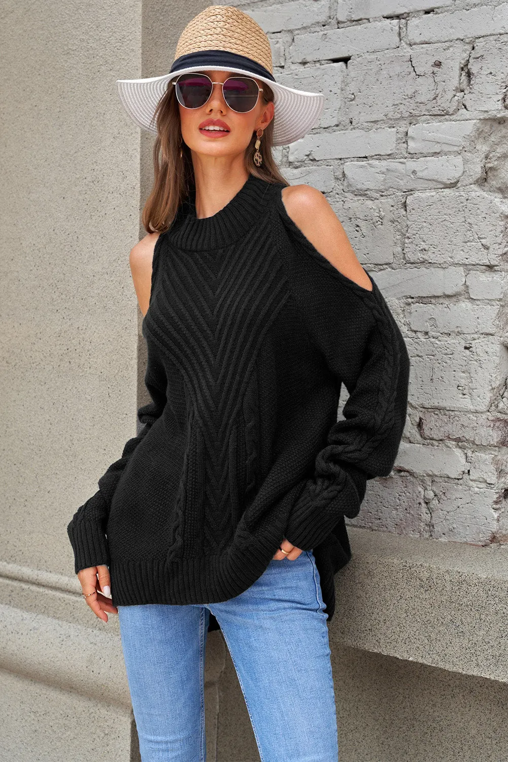 Black Cold Shoulder Knitted Winter Sweater