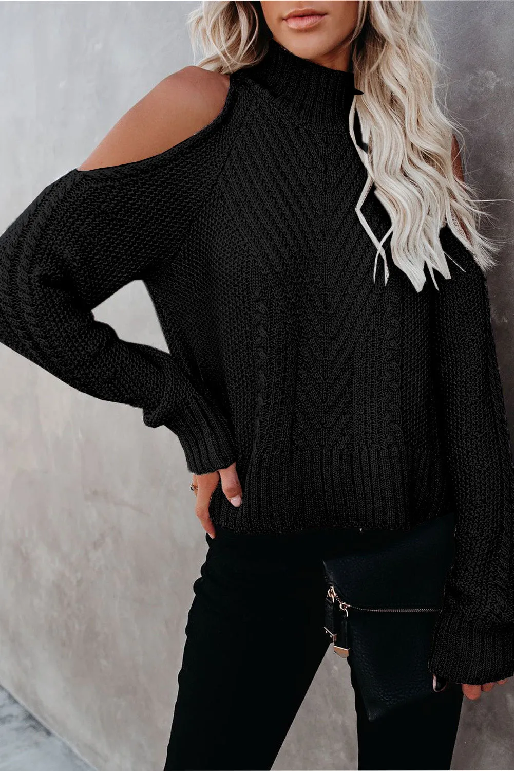 Black Cold Shoulder Knitted Winter Sweater