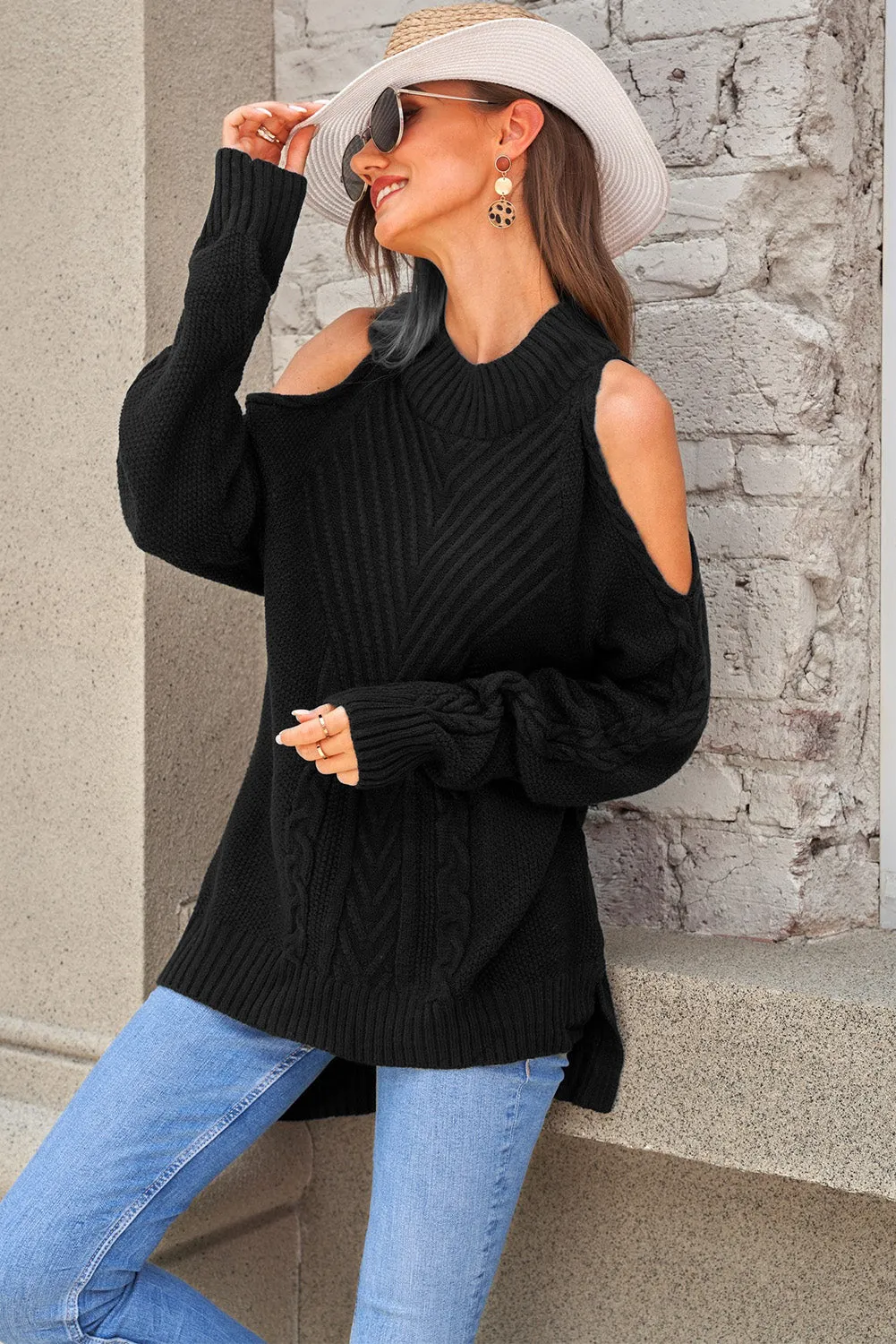 Black Cold Shoulder Knitted Winter Sweater