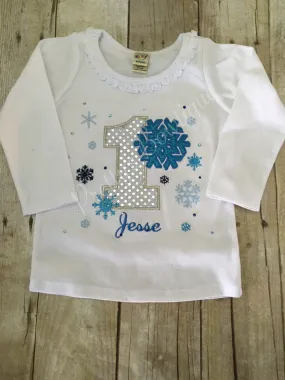 Blue Winter Wonderland birthday shirt custom Onerland Frozen bling