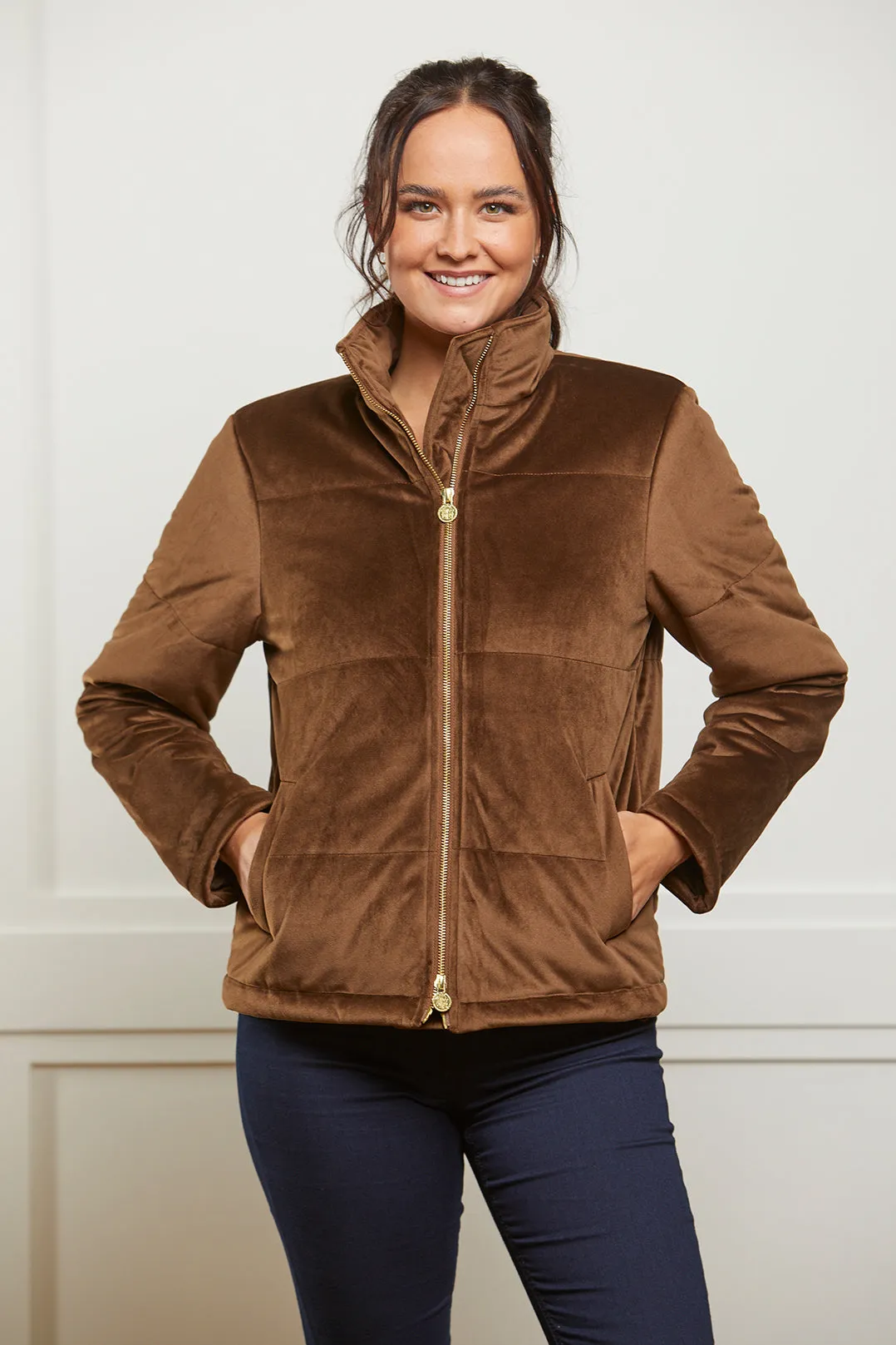 Ella Brown Velvet Winter Padded Jacket - 75% OFF